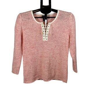 Rafaella Pink Speckled Lace Up Sweater Womens Size L 3/4 Sleeve
